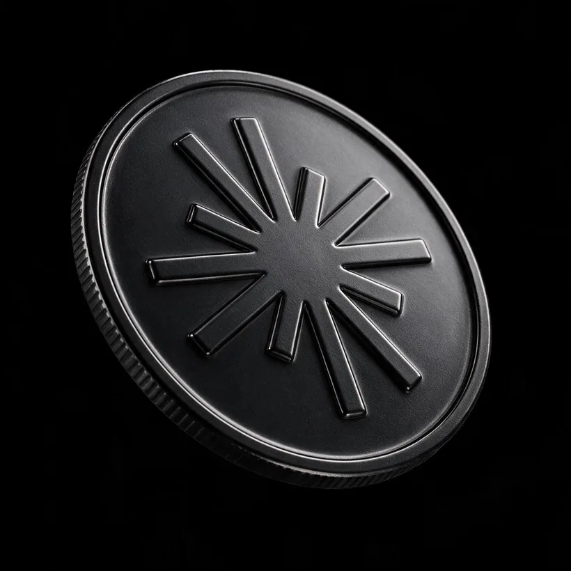 An $AXIS token: a matte graphite coin struck with the Axis asterisk